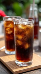 close-up of refreshing cola drinks with ice cubes in tall glasses perfect for summer beverage concept