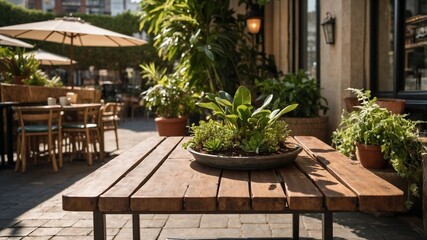 Illustrative scene showing a small coffee table surrounded by plants in a sunlit outdoor cafe.