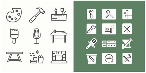 Icons vector depicting common tools and art supplies are arranged into two groups.