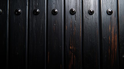 Obraz premium Rustic Black Wood Texture: This image displays a close-up view of textured wooden planks, stained in a deep black hue, with evenly spaced rivets adding a touch of industrial elegance.