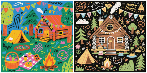 Obraz premium Two vector summer-themed designs, each featuring a log cabin at a party.
