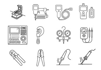 Obraz premium professional tool instrument efficiency concept. Illustration of various tools and equipment in a line-art style.
