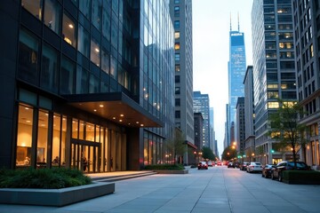 Fototapeta premium Modern Chicago office building exterior, showcasing architectural details and city skyline , night, glass facade