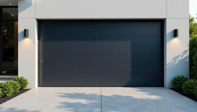 Modern automatic garage door opening, showcasing sleek design and clean lines , home improvement, panel, security