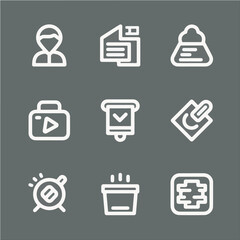 Nine vector simple white line icons on a gray background.