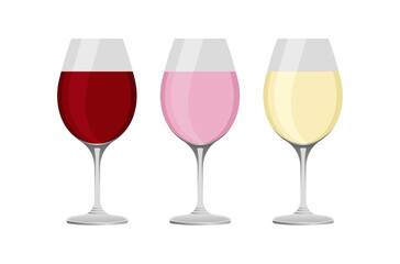 Three glasses with wine: red, pink and white.