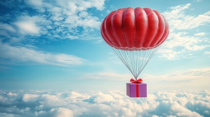 Fototapeta premium Red balloon carrying a gift box, above fluffy clouds