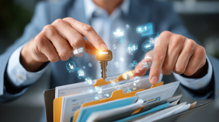 A businessman inserts a key into a file folder, symbolizing access to information with glowing icons floating above, representing data management and security.