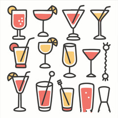 a vector graphic containing twenty different hand-drawn cocktail drinks, each in a different style glass and many with garnishes and straws.
