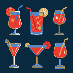 Vector graphics show twenty different hand-drawn cocktail drinks, each in a different style glass and many with garnishes and straws.