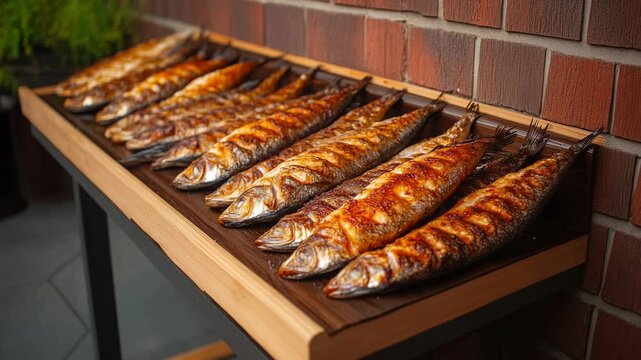 Grilled fish preparation on a wooden table showcasing deliciously cooked mackerel in a cozy outdoor setting