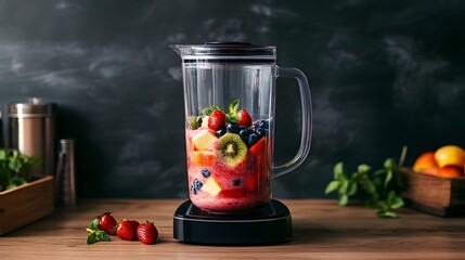 Obraz premium A countertop blender filled with a fruit smoothie