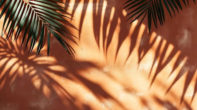 Shadows of tropical leaves dance on warm terracotta surface, creating depth and warmth