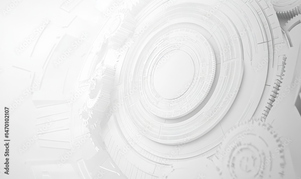 Aufkleber Abstract white background with gears and technology digital circle illustration design for business, science, and education concepts. High-tech, futuristic geometric shape pattern in light gray color