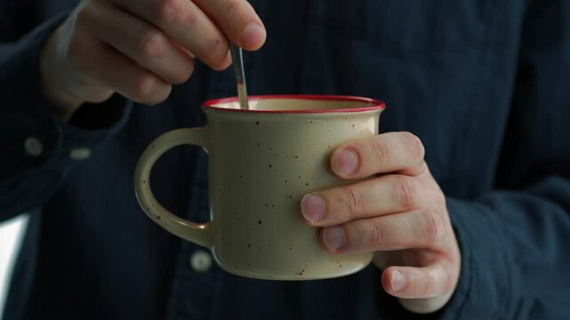 Hot drink in a cup.
Hot tea.
Man stirs chahar in hot tea.
Sweet tea in a beautiful beige cup.
Man's hand with a cup of tea