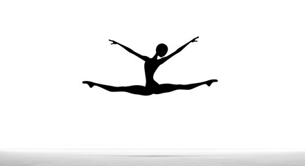 Graceful dancer silhouette in split leap against a white background