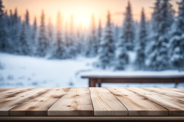 Product background with sunny snowstorm and frozen snowy wooden table or floor