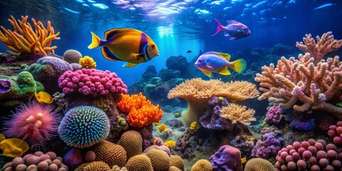 Naklejka na ściany i meble Vibrant underwater scene showcasing a diverse array of colorful coral formations and tropical fish swimming gracefully in a pristine ocean habitat