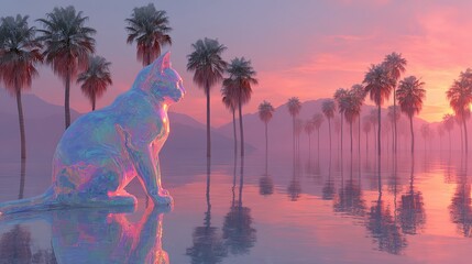 Hyper-realistic 3D render of cyber-cat with liquid mercury texture, reflecting palm trees and sunset from vaporwave landscape, chromatic aberration effect.