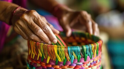 A close-up of a sewing machine eedle stitching through fabric, hands working with precision, soft lighting casting gentle shadows,