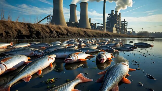 Dead fish floating in polluted water near industrial power plant with smoke stacks in background, highlighting environmental contamination scene

