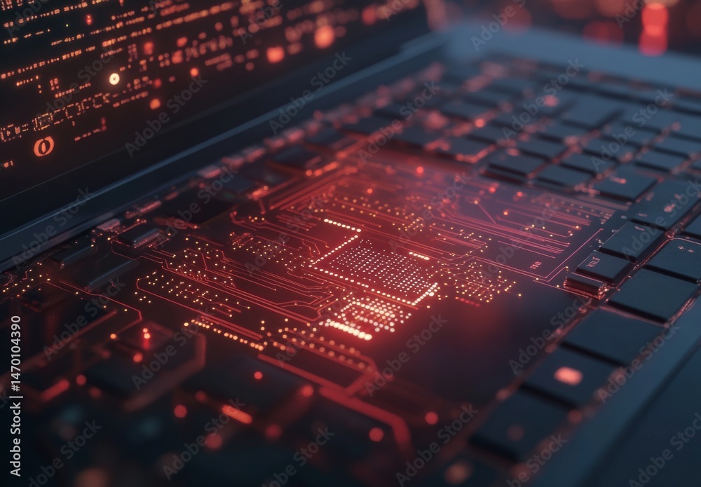 Poster a laptop with digital circuitry and data flowing through it, symbolizing the integration of ai techn
