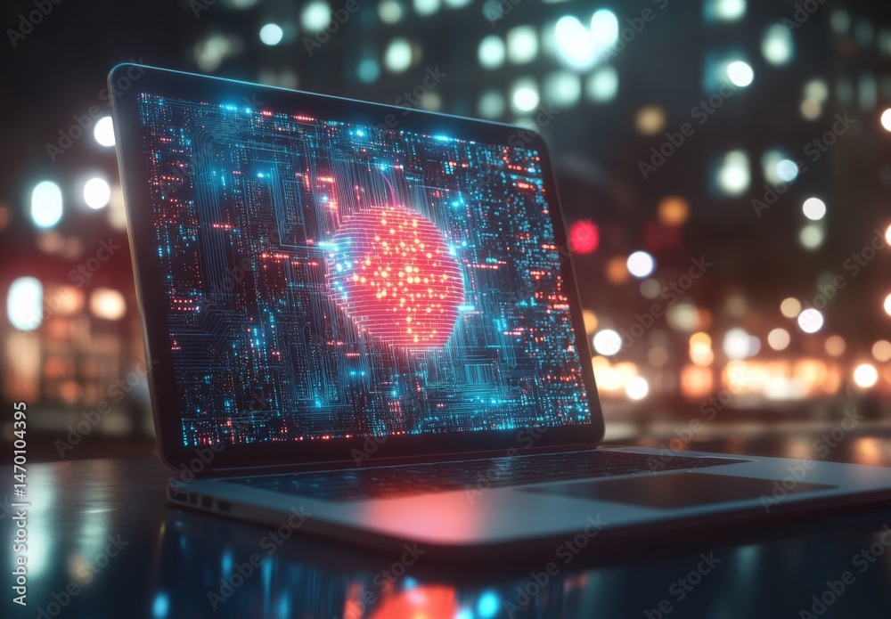 Poster a laptop with digital circuitry and data flowing through it, symbolizing the integration of ai techn