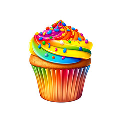 Illustration of a cupcake with rainbow frosting. 