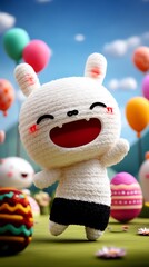 Smiling bunny with balloons, grass, and Easter eggs in joyful scene