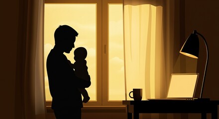 Father and child silhouette by window in cozy home office setting