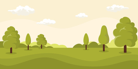 Vector illustration of beautiful summer fields landscape with a dawn, green hills, bright color blue sky, country background in flat cartoon style banner.