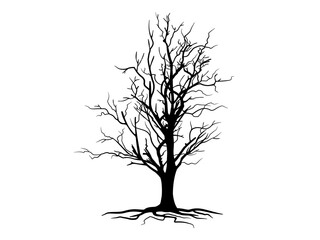 Black Tree and roots silhouette. Tree and roots LOGO style on white background. Hand drawn isolated illustrations.