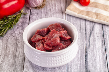 Raw beef meat cubes pieces