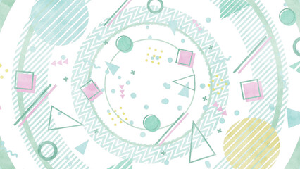 大きな円と図形や模様が並ぶメンフィス風の背景/透過背景 - ミントグリーン © Micke