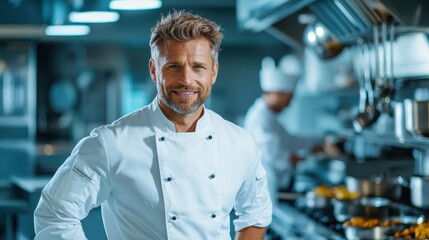 A culinary expert is actively engaged in the kitchen, showcasing expertise in food preparation amidst a lively kitchen environment, portraying skill and passion for cooking.