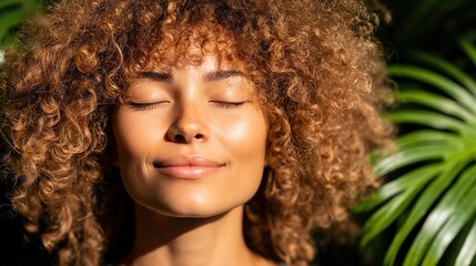 Serene Female Curly Hair Smiling Eyes Closed Nature Inspired Beauty Jungle Greenery Radiance