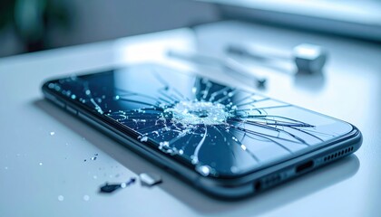 Shattered Screen: A close-up shot reveals the damage caused by an impact on a smartphone screen, with spiderweb cracks radiating from the center.