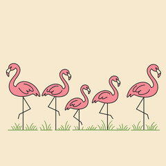Flamingo decorations on a lawn in a playful pastel illustration