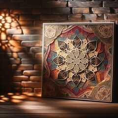 Decorative mandala panel against rustic brick wall &ndash; detailed and colorful design