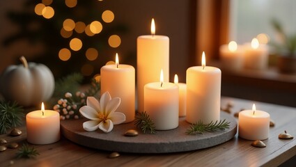 Cena aconchegante de inverno com velas acesas em recipientes de cerâmica sobre uma base de pedra rústica