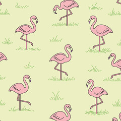 Fototapeta premium Flamingo pattern on a lawn in a cheerful pastel illustration