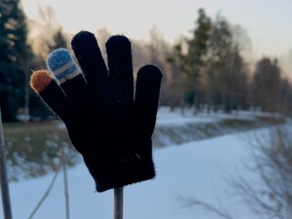 A single colorful glove is placed on a stick along a snow-covered path, surrounded by trees at...