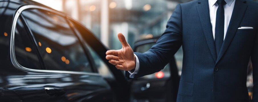 A well-dressed man opens a car door, extending his hand, suggesting a welcoming or chauffeur service in an urban setting.