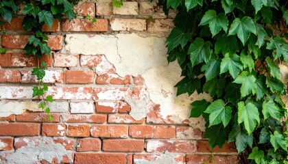Weathered Brick Wall with Ivy: An aged brick wall, bearing the marks of time with peeling plaster and exposed brick, adorned with vibrant green ivy. A harmonious blend of nature and architecture.