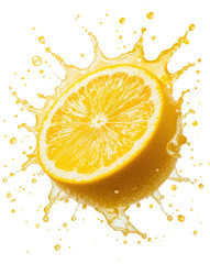 Fresh lemon slice with vibrant yellow juice splash, isolated on white, creates dynamic and refreshing mood