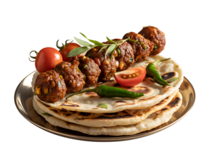 Naan with Grilled Kebabs Alternate Angle Isolated on Transparent Background