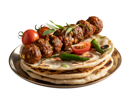 Naan with Grilled Kebabs Alternate Angle Isolated on Transparent Background