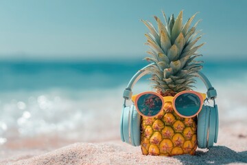 Pineapple with Headphones and Sunglasses at Beach