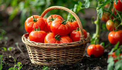 Tomato Harvest Bounty: A rustic woven basket overflows with vibrant, ripe tomatoes, freshly picked from a thriving garden, representing nature's generosity and the essence of healthy eating.