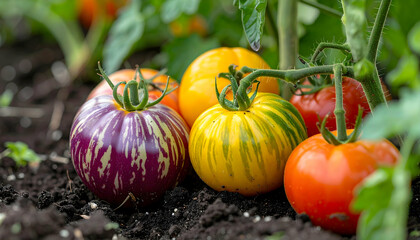 Vibrant Tomatoes in Garden: A close-up of ripe tomatoes in various colors and patterns, with rich soil, evoking the essence of fresh, organic, home-grown produce. 